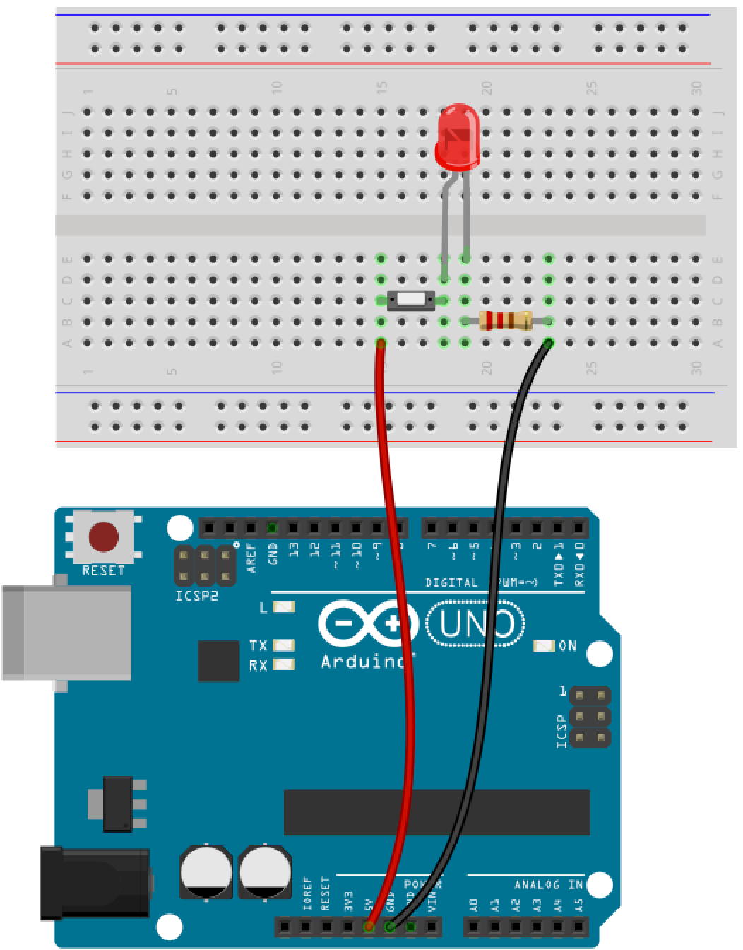 Arduino LED Schaltung Schritt 2 - Taster an Pin 2 und GND anschließen