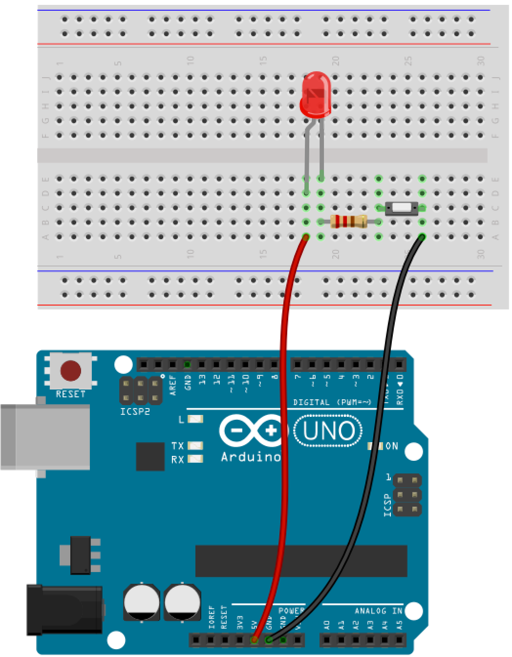 Vollständige Arduino LED Schaltung mit Taster - kompletter Schaltplan auf Breadboard
