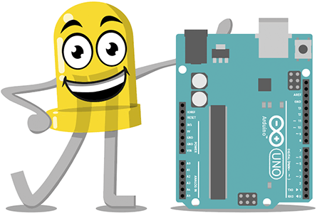 Ishiro, die gelbe LED, zeigt auf ein Arduino-Board