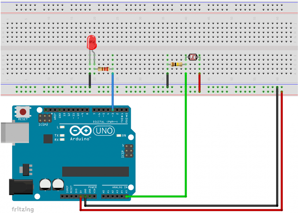 Arduino Nachtlicht Schaltplan mit LED und Fotowiderstand (LDR)