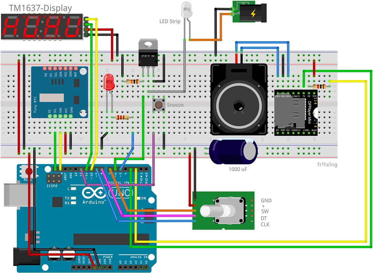 Schaltplan Lichtwecker mit Arduino -  Verkabelung aller Komponenten