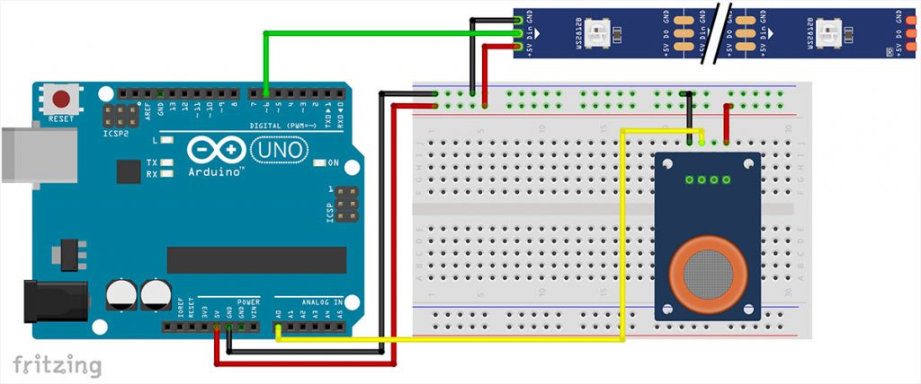 Alkoholsensor Arduino: Atemalkohol messen & LED-Streifen Anzeige Schaltplan für Arduino UNO