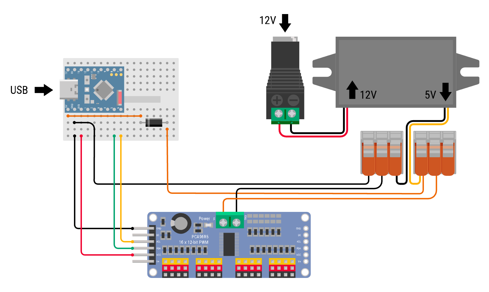 Vier Signaldrähte zwischen PCA9685 und ESP32, SCL und SDA gekreuzt